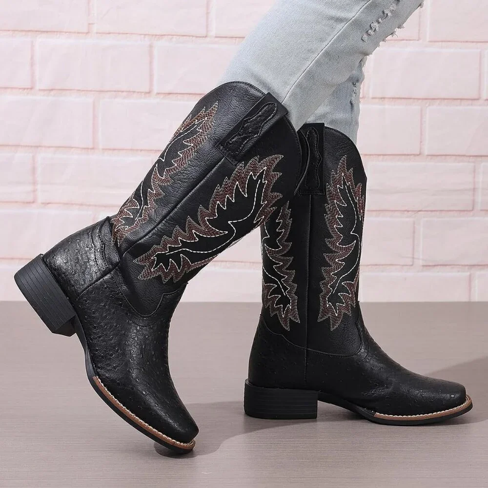 Women Black Western Cowboy Boots for Mid Calf Cowgirl Boot Snip Toe Chunky Heel